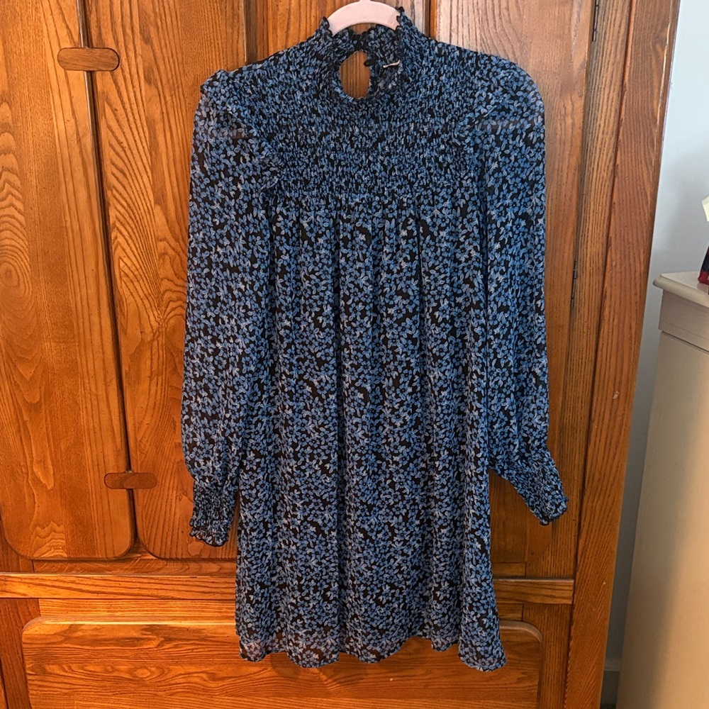Mi Ami Smocked High-Neck Floral Mini Dress - Blue/Black  M PTP 19